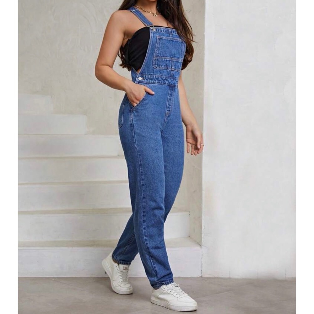SHEIN Women Medium Wash Denim Overalls Straight Leg Dungarees Size L 10